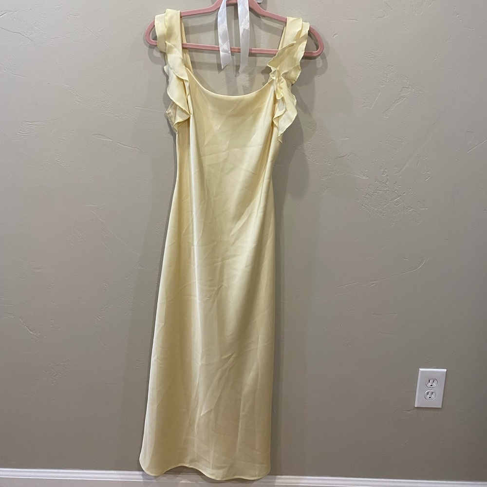 rihoas yellow ruffle strap midi dress